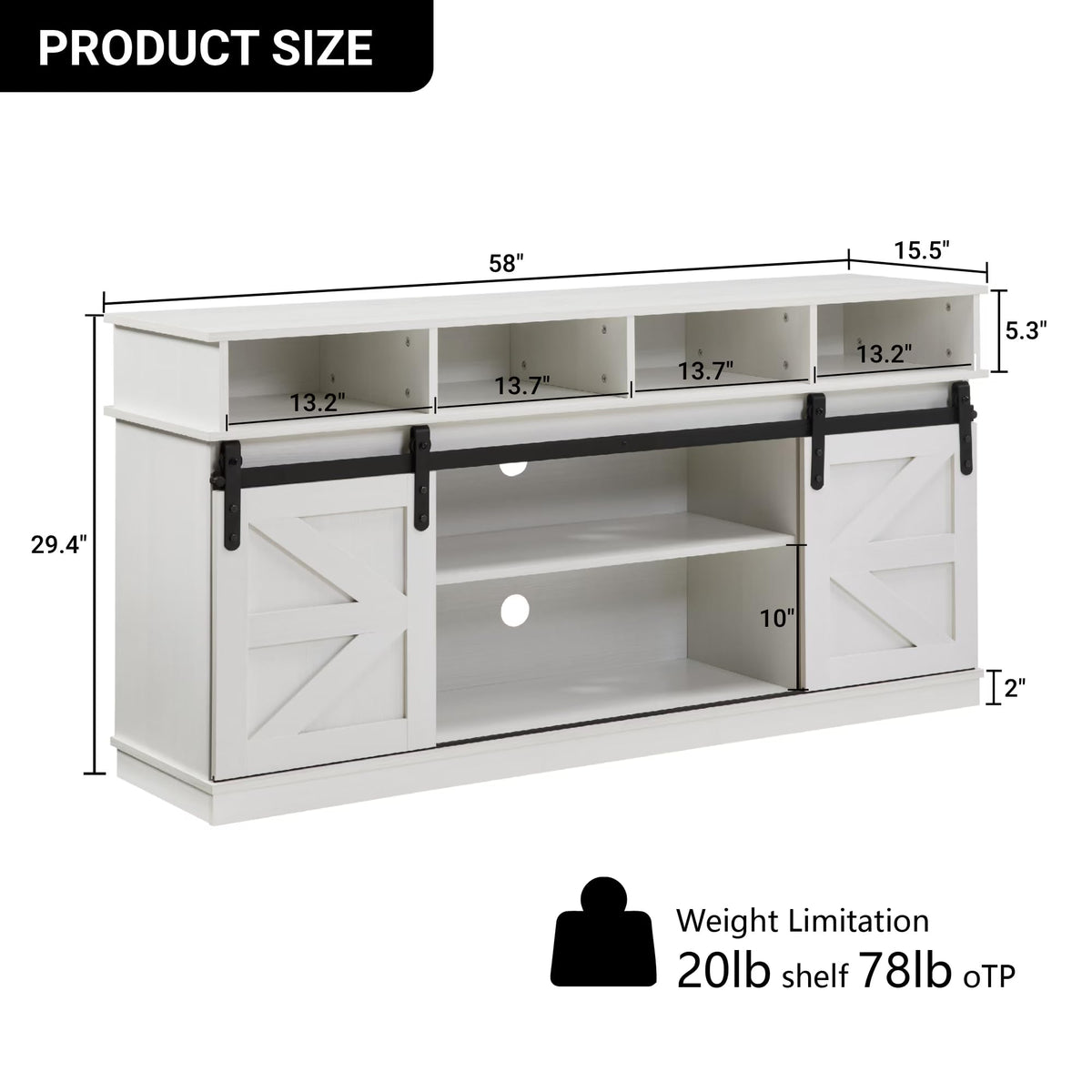 White 58" Farmhouse TV Stand with Sliding Barn Doors W283