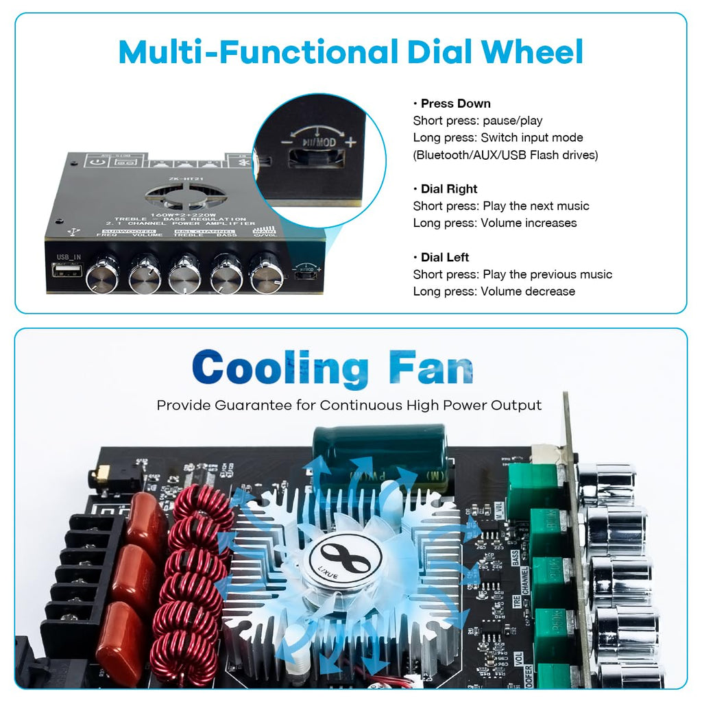 160W×2+220W 2.1 Channel Bluetooth Amplifier Board with Treble and Bass Control T972