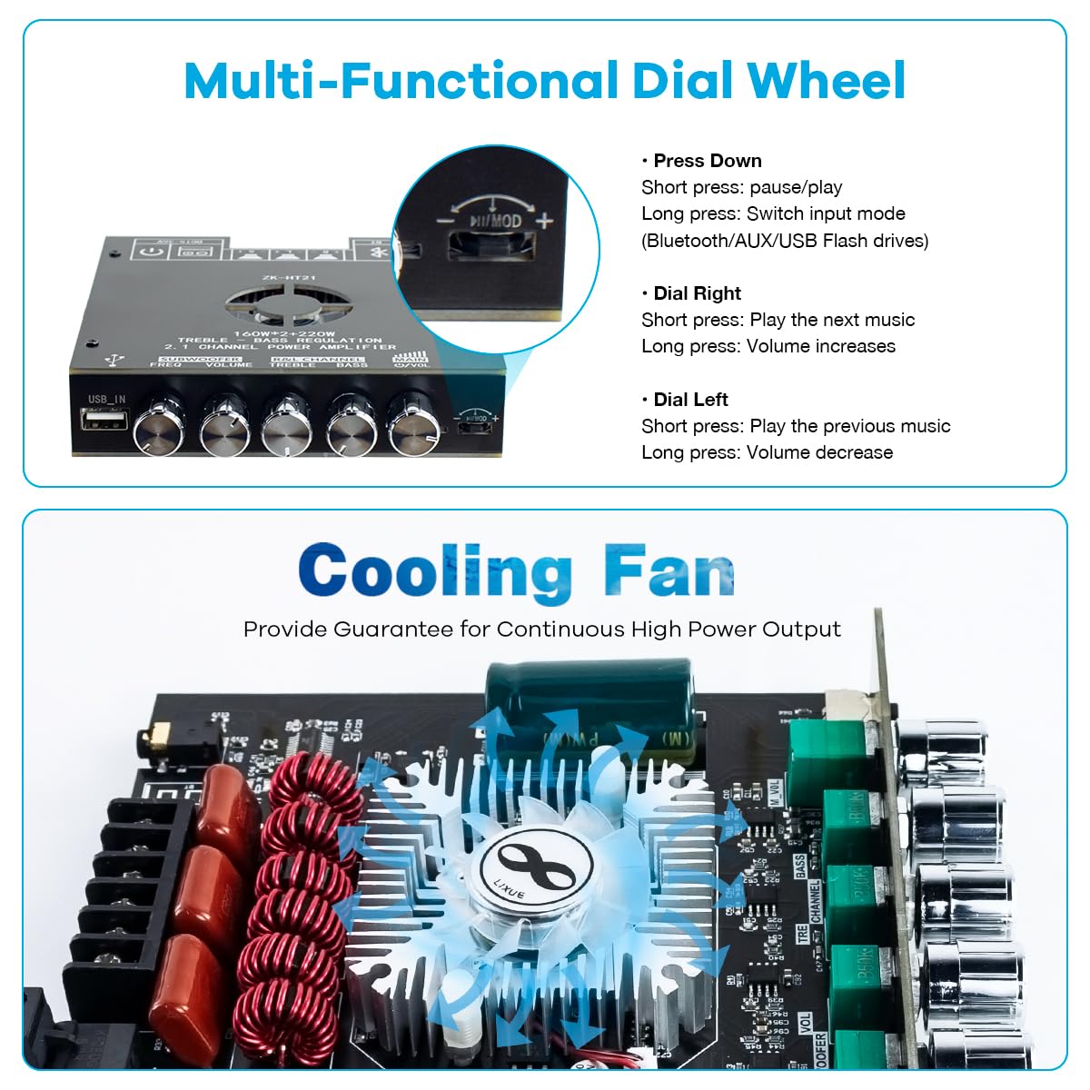 160W×2+220W 2.1 Channel Bluetooth Amplifier Board with Treble and Bass Control T972
