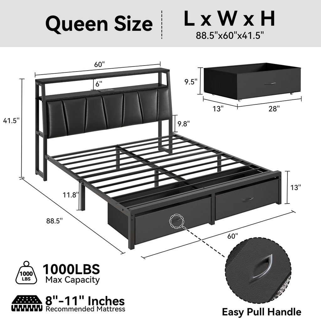 Queen Bed Frame with Storage Headboard and 2 Drawers Y867889