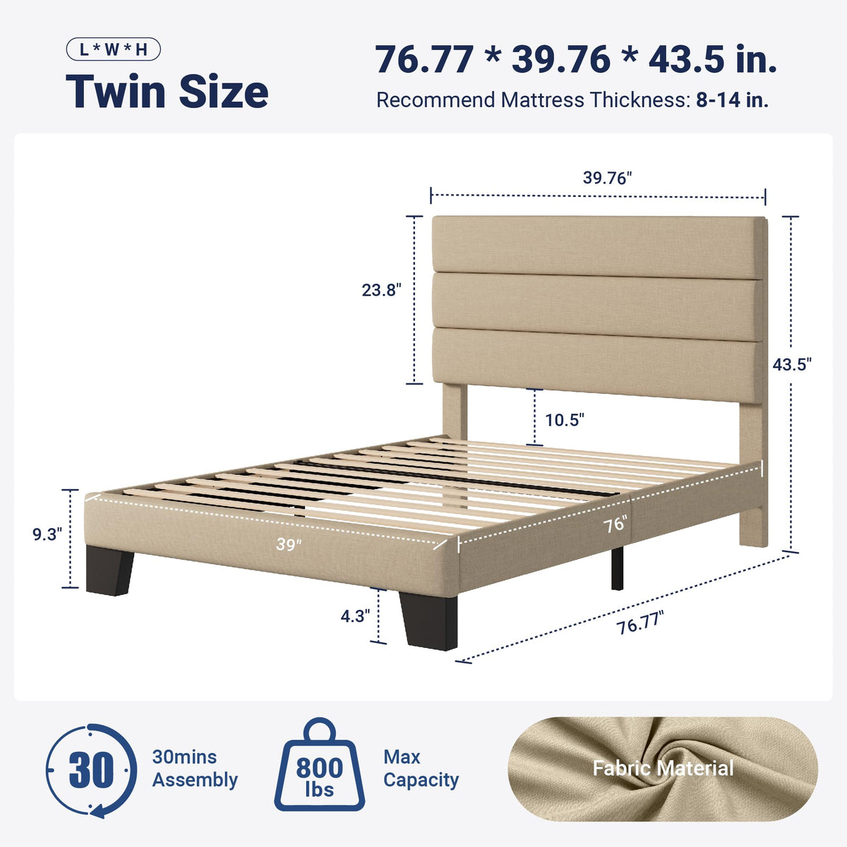 Twin Size Fabric Upholstered Platform Bed Frame X766