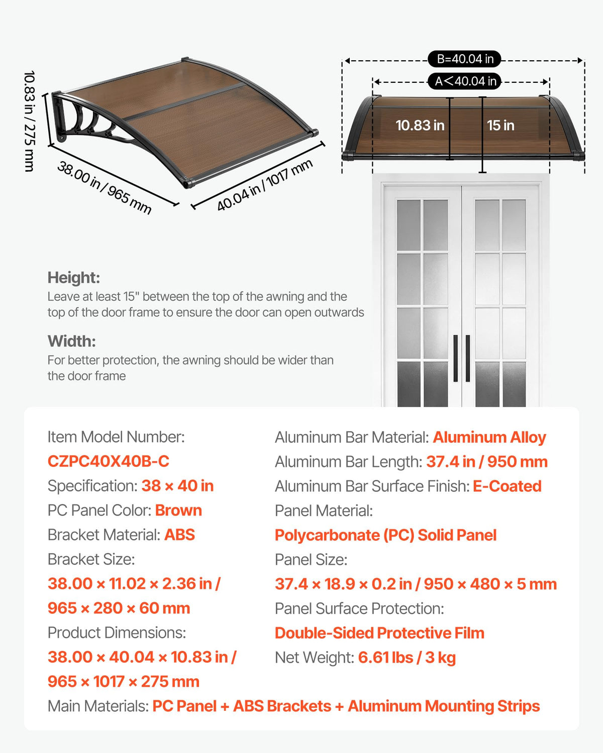 38" x 40" Door Window Awning X503400