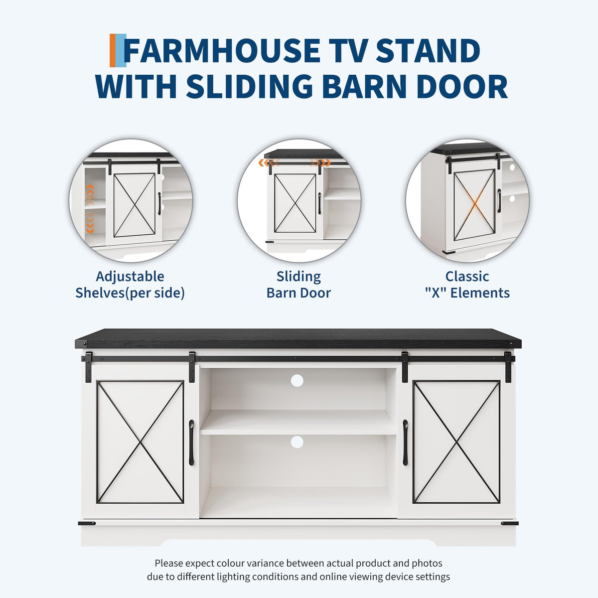 White Rustic Farmhouse TV Stand with Sliding Barn Doors E56816