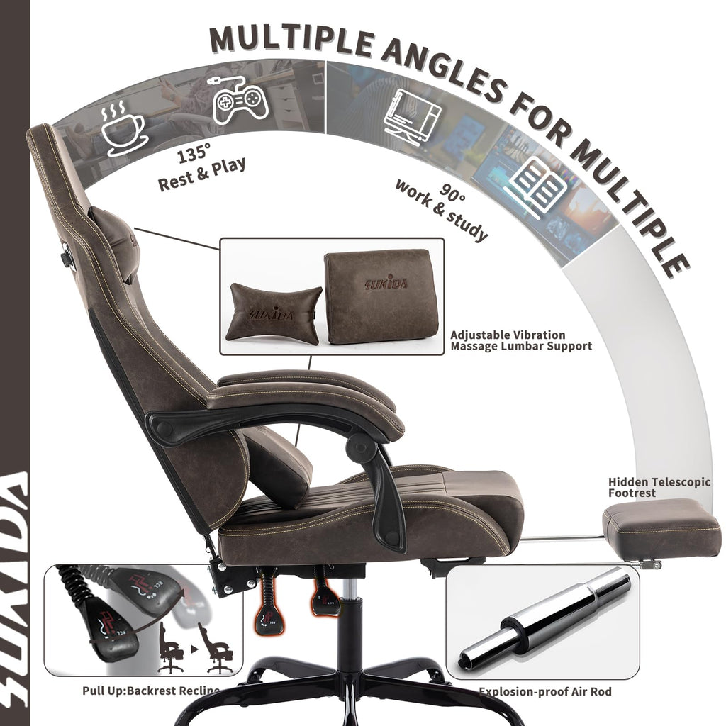 Brown Ergonomic Gaming Chair with Footrest and Massage Lumbar Cushion Z527