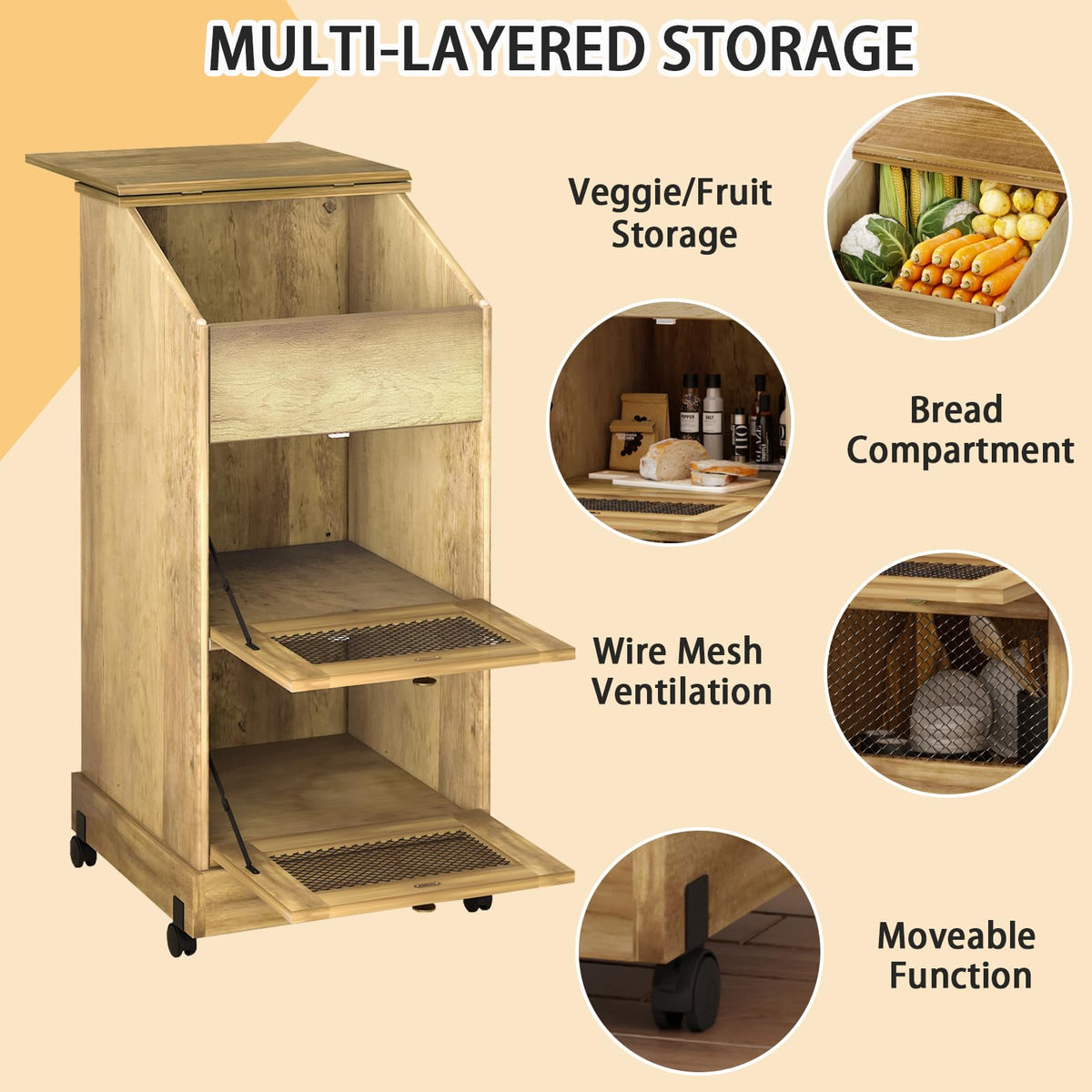 3 Tier Wooden Potato and Onion Storage Bin with Wheels C2782