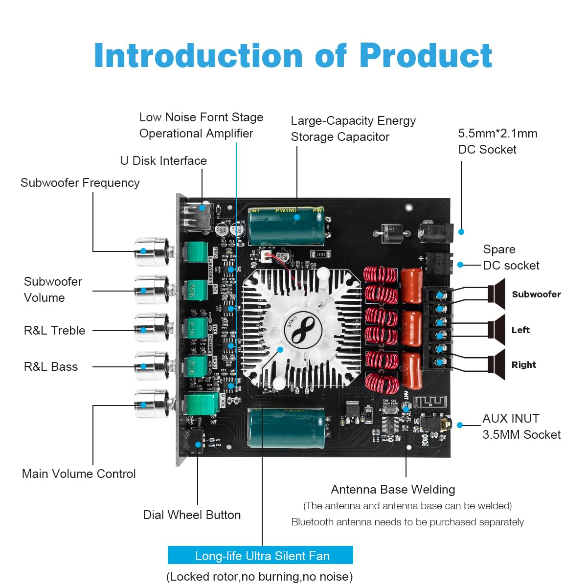 160W×2+220W 2.1 Channel Bluetooth Amplifier Board with Treble and Bass Control T972