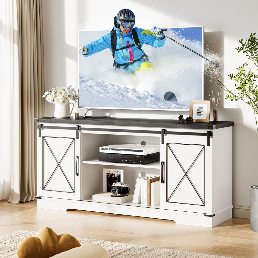 White Rustic Farmhouse TV Stand with Sliding Barn Doors E56816
