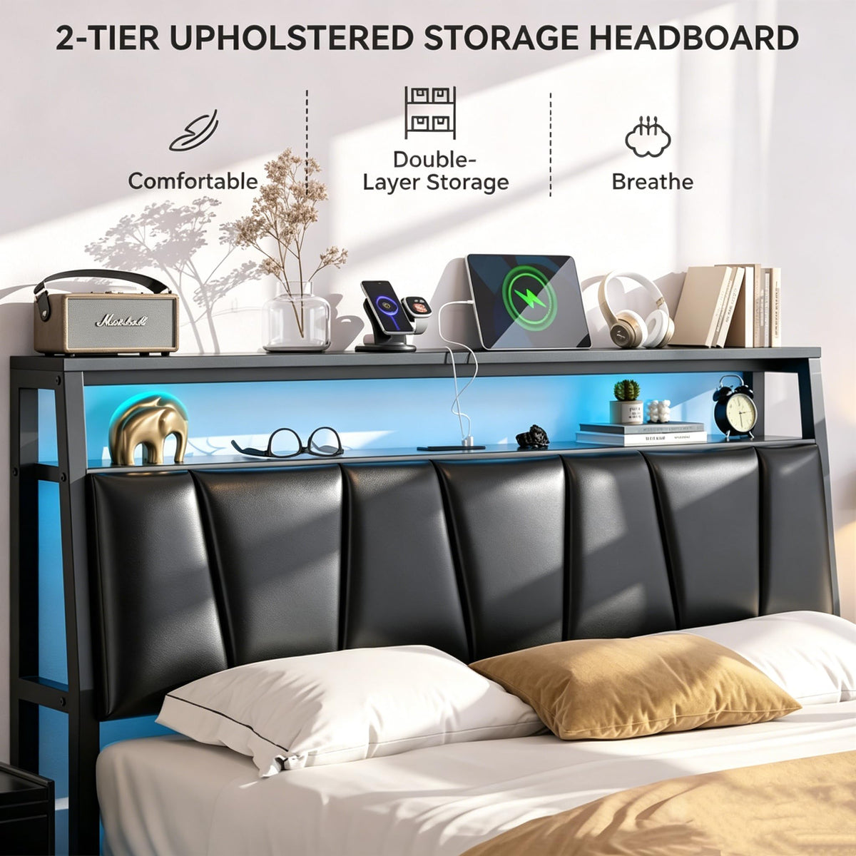 Queen Bed Frame with Storage Headboard and 2 Drawers Y867889