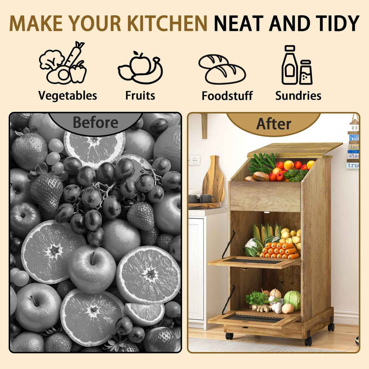 3 Tier Wooden Potato and Onion Storage Bin with Wheels C2782