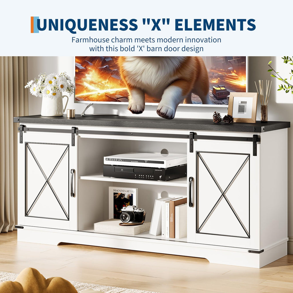 White Rustic Farmhouse TV Stand with Sliding Barn Doors E56816