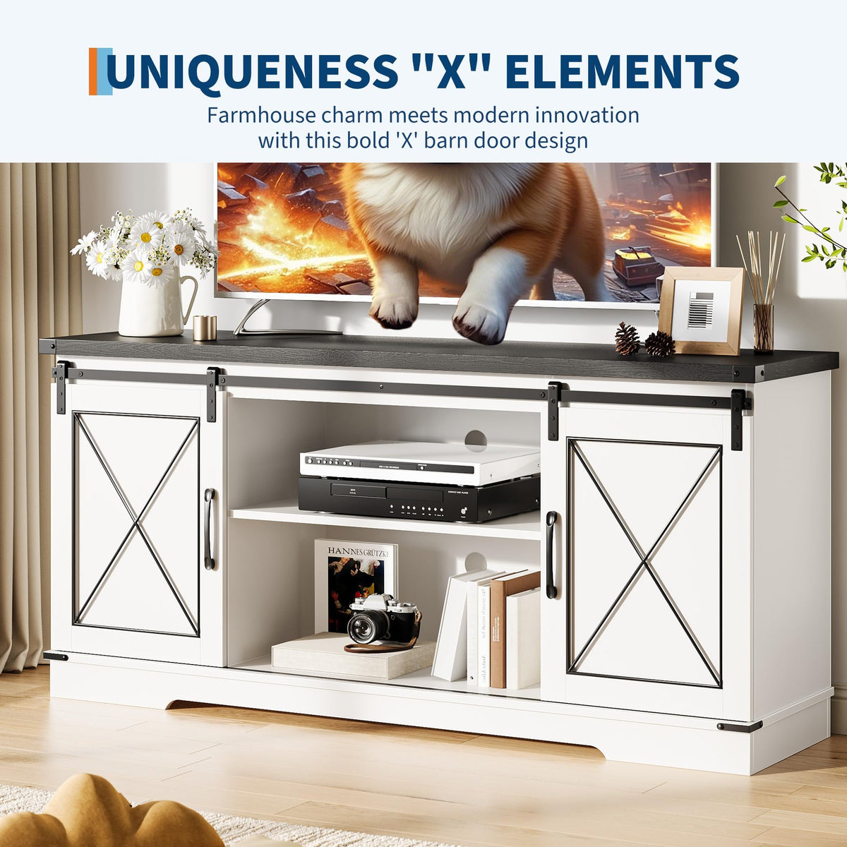 White Rustic Farmhouse TV Stand with Sliding Barn Doors E56816
