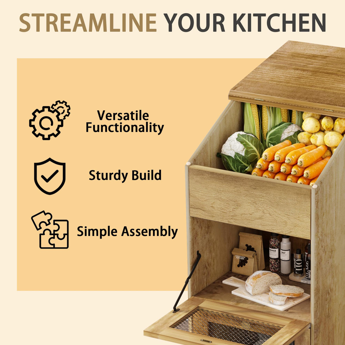 3 Tier Wooden Potato and Onion Storage Bin with Wheels C2782