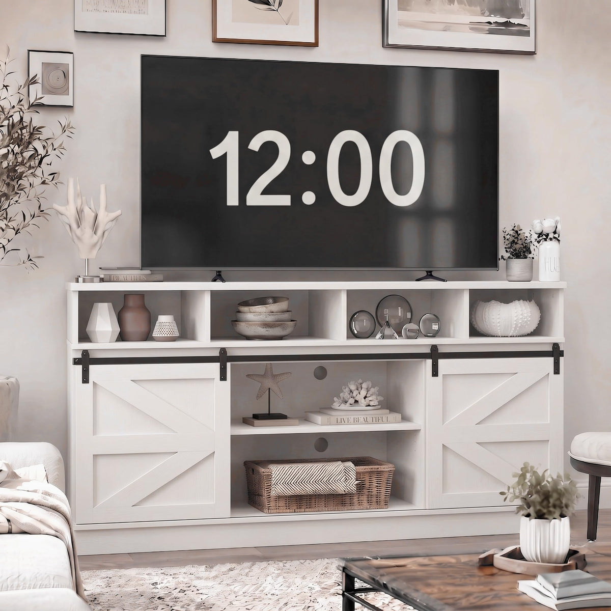 White 58" Farmhouse TV Stand with Sliding Barn Doors W283