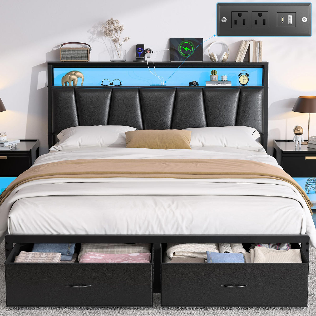 Queen Bed Frame with Storage Headboard and 2 Drawers Y867889
