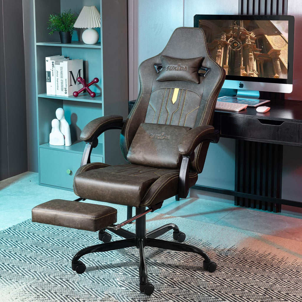 Brown Ergonomic Gaming Chair with Footrest and Massage Lumbar Cushion Z527