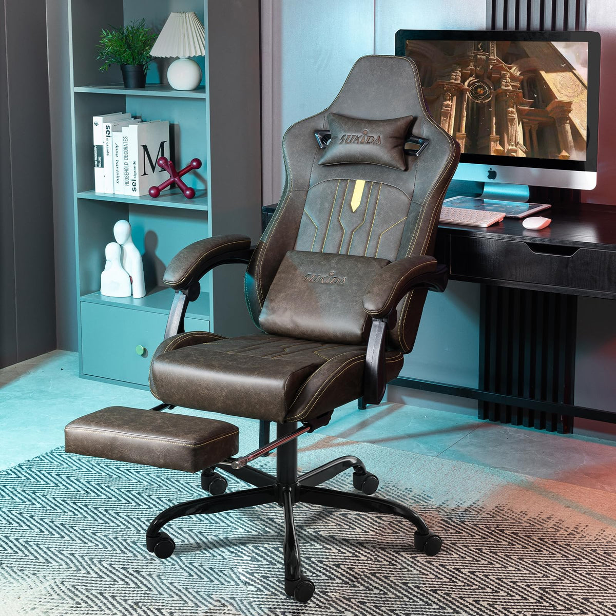 Brown Ergonomic Gaming Chair with Footrest and Massage Lumbar Cushion Z527