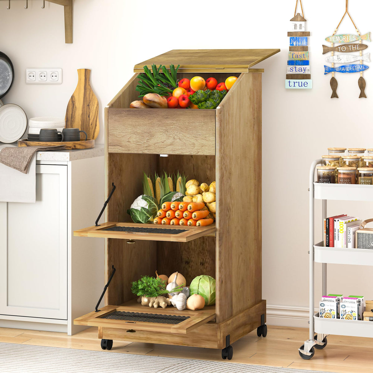 3 Tier Wooden Potato and Onion Storage Bin with Wheels C2782