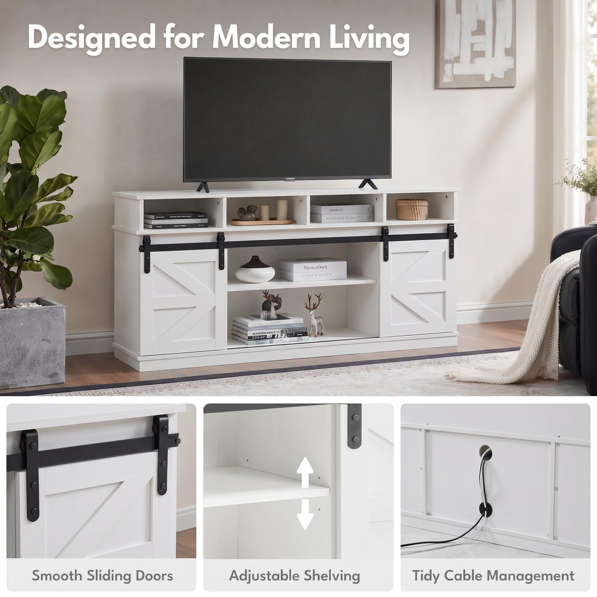 White 58" Farmhouse TV Stand with Sliding Barn Doors W283