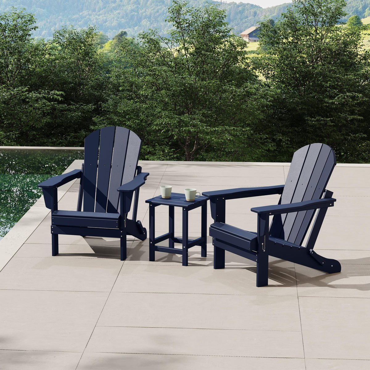 Navy Blue 3-Pieces Adirondack Chairs Set with Side Table O655