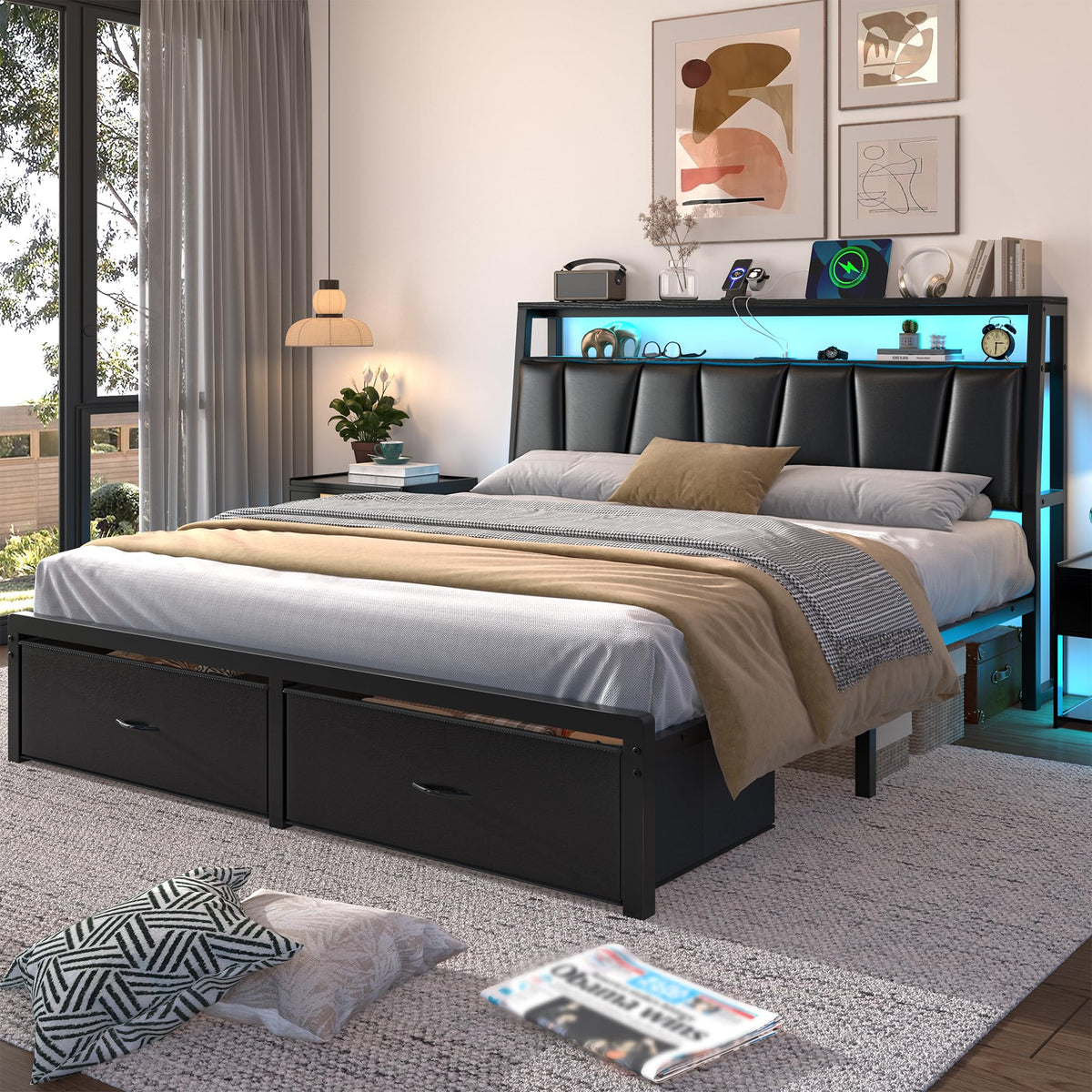 Queen Bed Frame with Storage Headboard and 2 Drawers Y867889